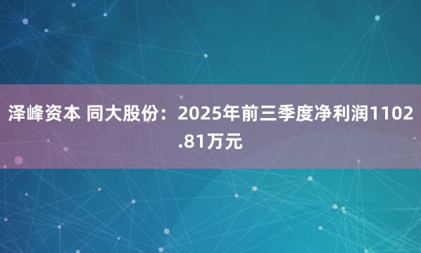 泽峰资本 同大股份：2025年前三季度净利润1102.81万元